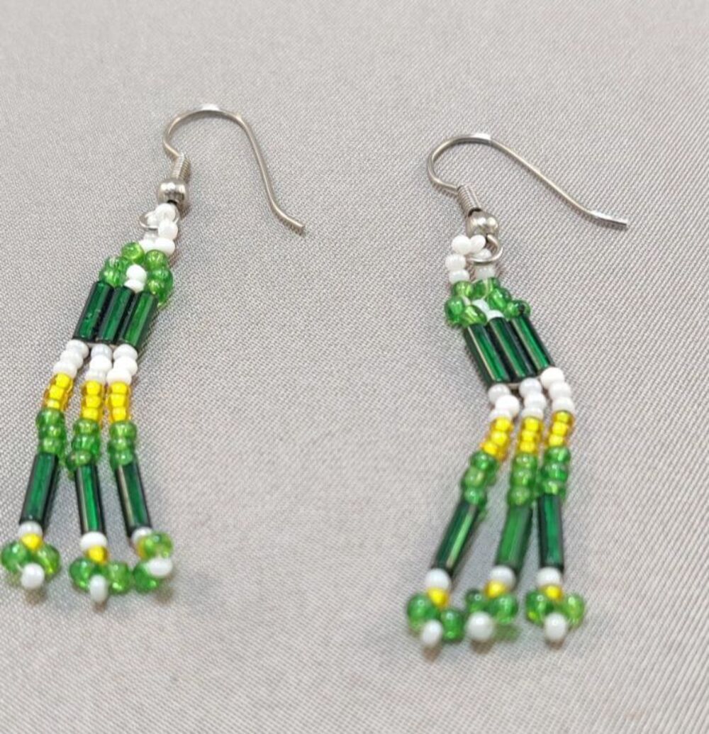 Native American Style Beaded Earrings Green Yellow White Geometric Dangle